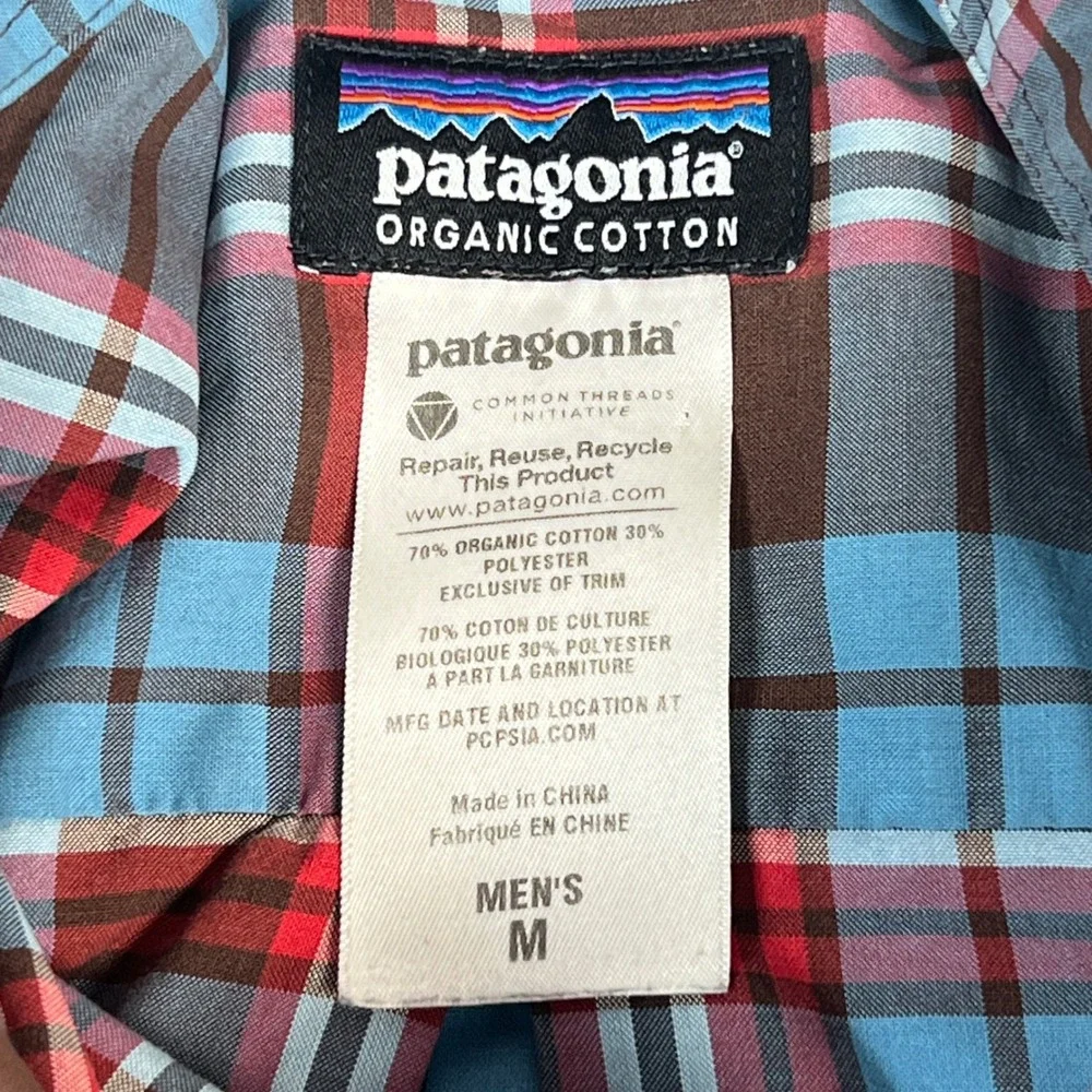 Patagonia Button Down Mens M Blue Red Plaid Short Sleeve Organic Cotton Shirt - Picture 4 of 8